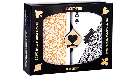 Copag 1546 Plastic Playing Cards Bridge Size Regular Index Black/Gold Double-Deck Set - Available at pipermagic.com.au